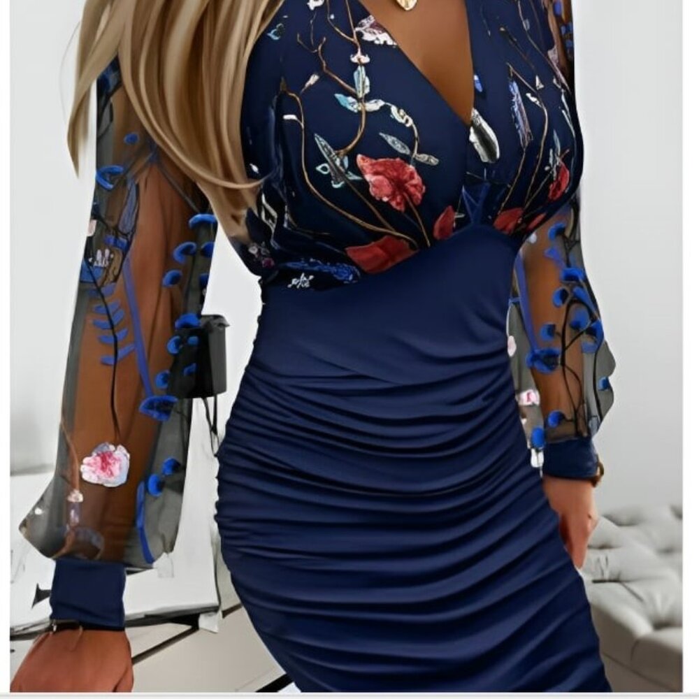 Brand New Elegant Navy Blue Floral Mesh Patchwork Ruched Bodycon Dress